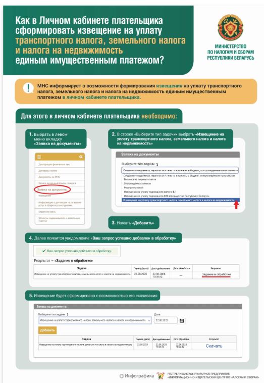 Инспекция МНС по Первомайскому району г. Витебска информирует о возможности формирования извещения на уплату транспортного налога, земельного налога и налога на недвижимость единым имущественным платежом в личном кабинете плательщика